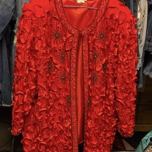 Vintage Tan Chho Silk Red Ruffled Ribbon Beaded Jacket Fall Trendy Retro
